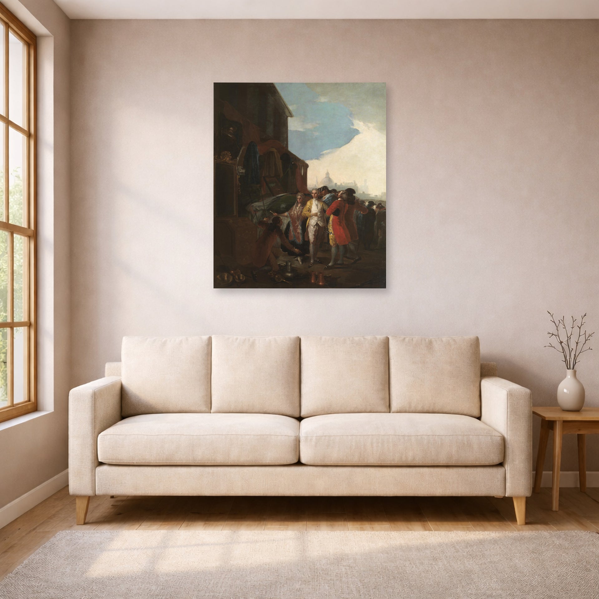 Unframed poster print of Francisco Goya's Fair Madrid displayed on a wall in a living room
