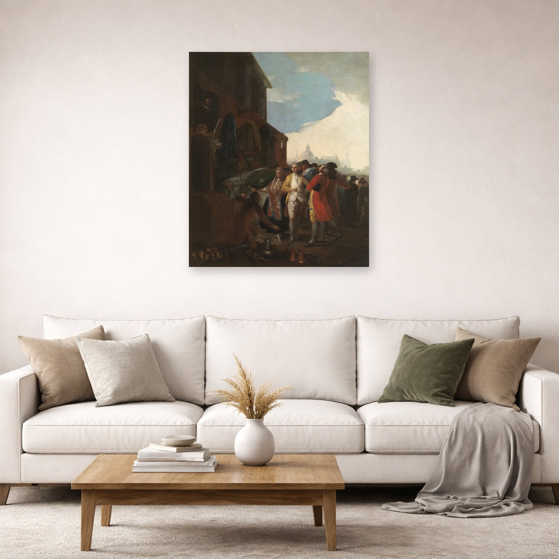 Unframed poster print of Francisco Goya's Fair Madrid displayed on a wall in a second living room setting