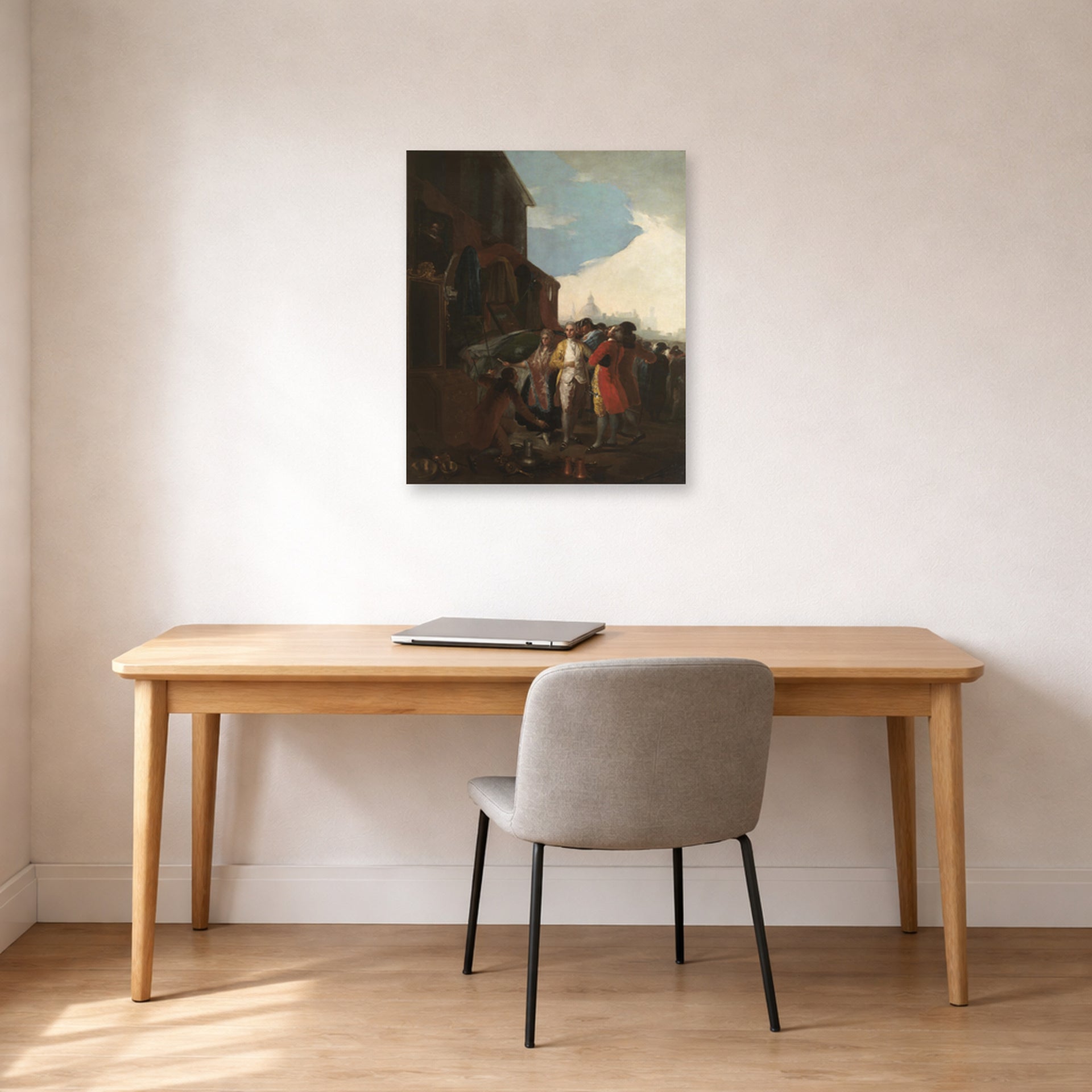 Unframed poster print of Francisco Goya's Fair Madrid displayed on a wall in a office