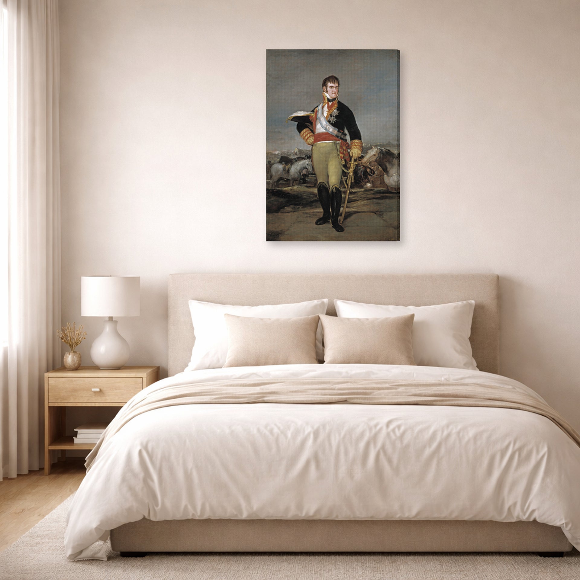 Gallery-wrapped canvas print of Francisco Goya's Ferdinand VII of Spain displayed on a wall in a bedroom