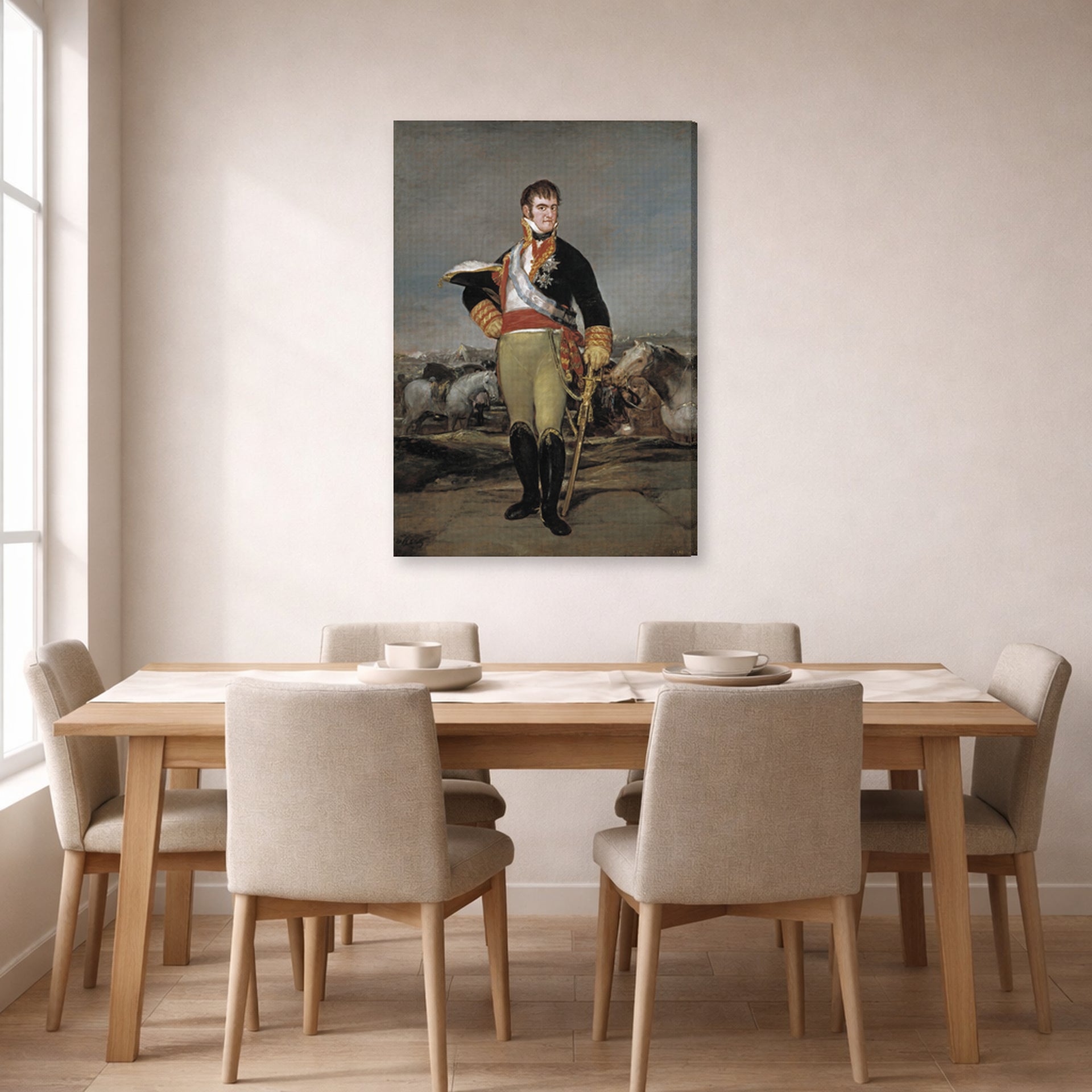 Gallery-wrapped canvas print of Francisco Goya's Ferdinand VII of Spain displayed on a wall in a dining room