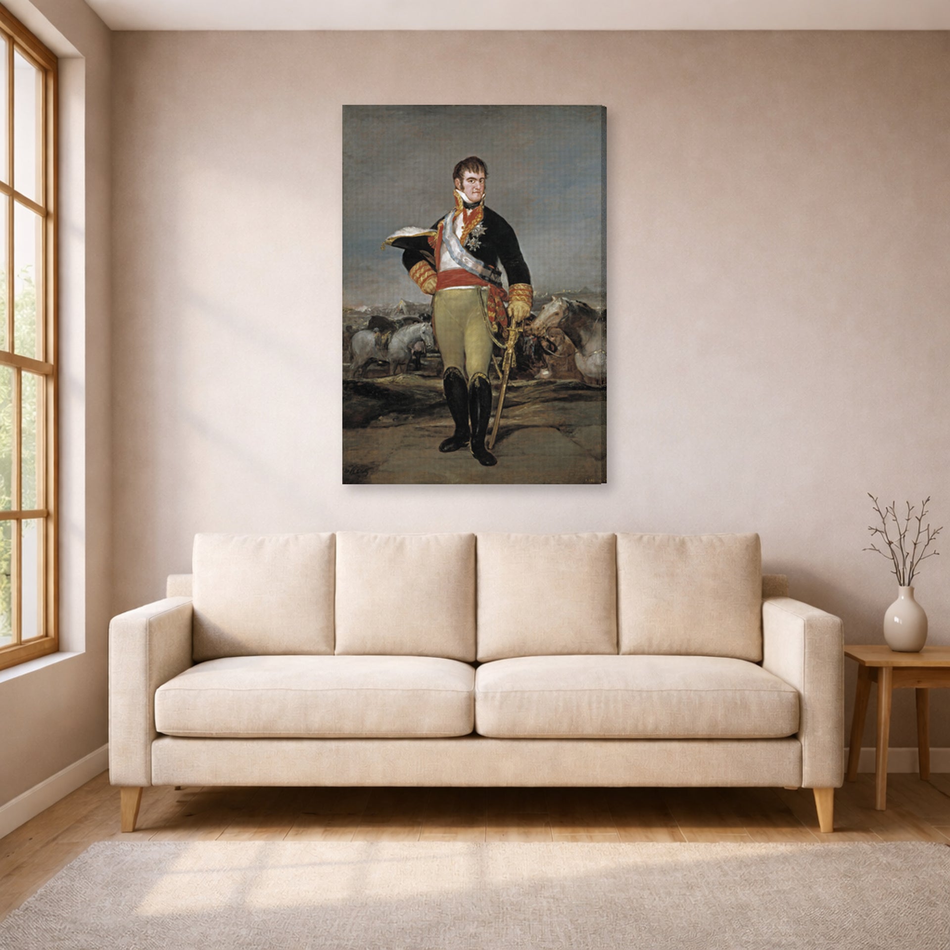 Gallery-wrapped canvas print of Francisco Goya's Ferdinand VII of Spain displayed on a wall in a living room