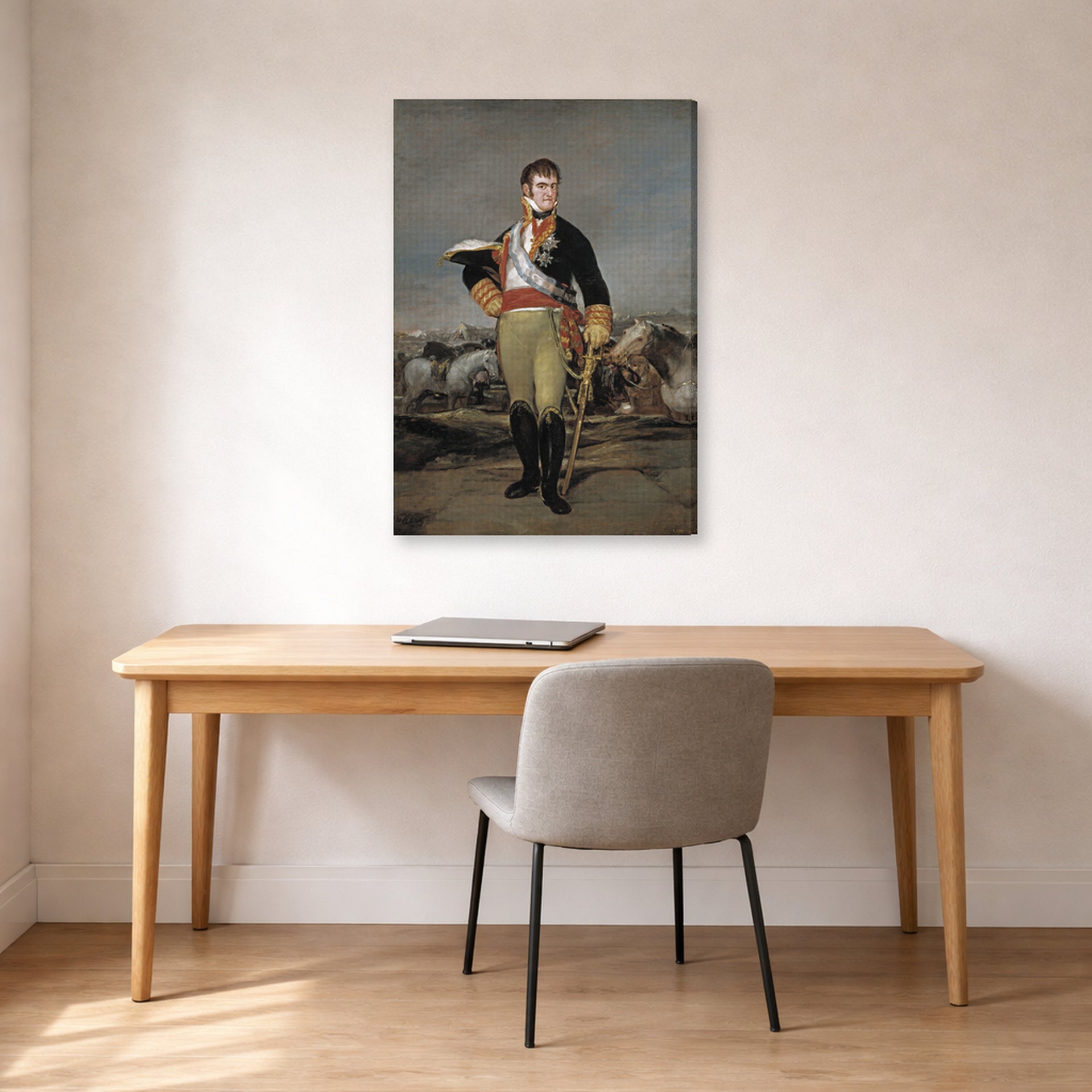 Gallery-wrapped canvas print of Francisco Goya's Ferdinand VII of Spain displayed on a wall in a office