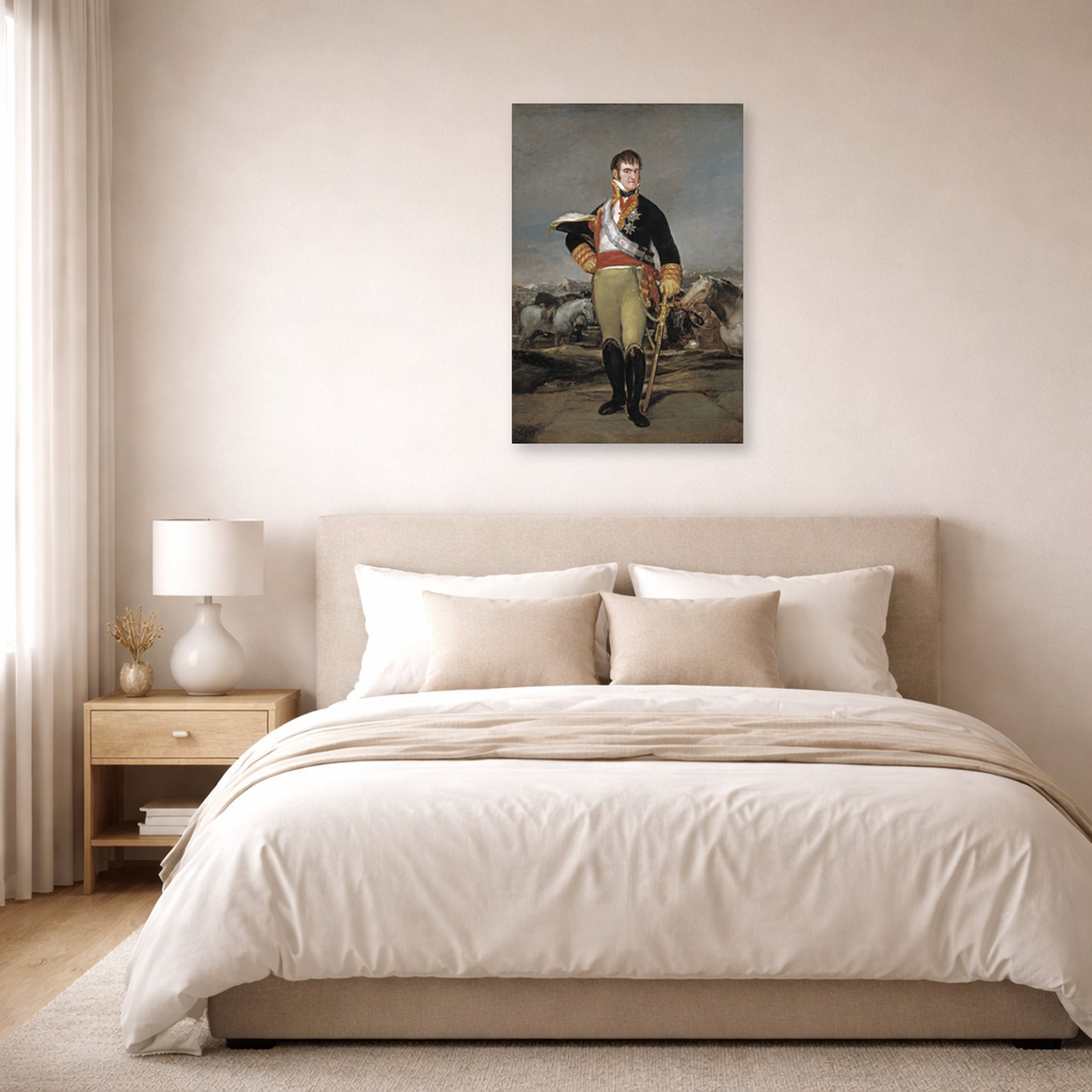 Unframed poster print of Francisco Goya's Ferdinand VII of Spain displayed on a wall in a bedroom