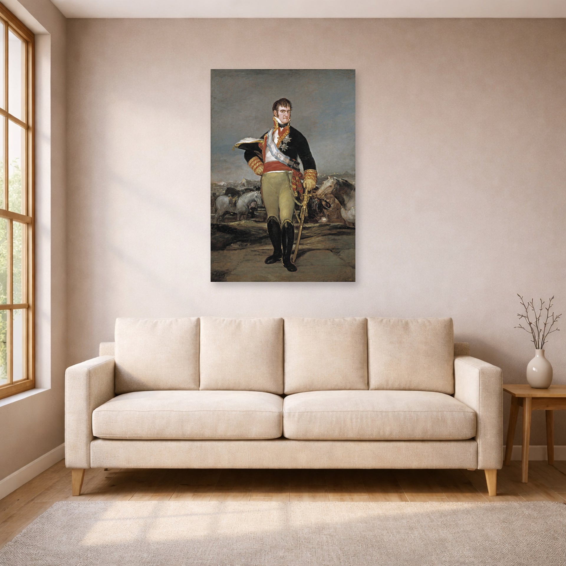 Unframed poster print of Francisco Goya's Ferdinand VII of Spain displayed on a wall in a living room