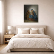 Gallery-wrapped canvas print of Francisco Goya's La Sagrada Familia displayed on a wall in a bedroom