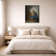 Unframed poster print of Francisco Goya's La Sagrada Familia displayed on a wall in a bedroom