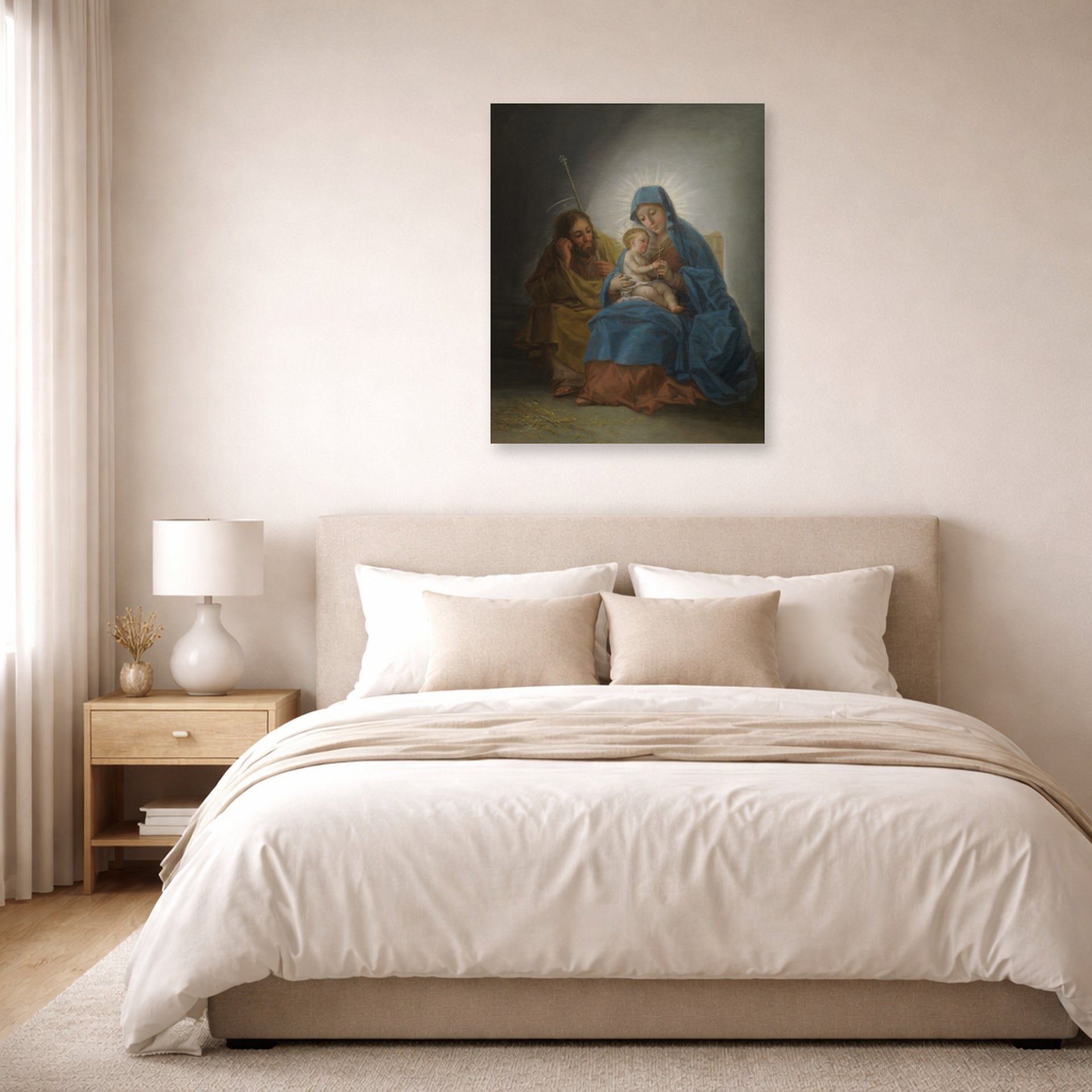 Unframed poster print of Francisco Goya's La Sagrada Familia displayed on a wall in a bedroom