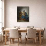 Unframed poster print of Francisco Goya's La Sagrada Familia displayed on a wall in a dining room