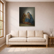 Unframed poster print of Francisco Goya's La Sagrada Familia displayed on a wall in a living room