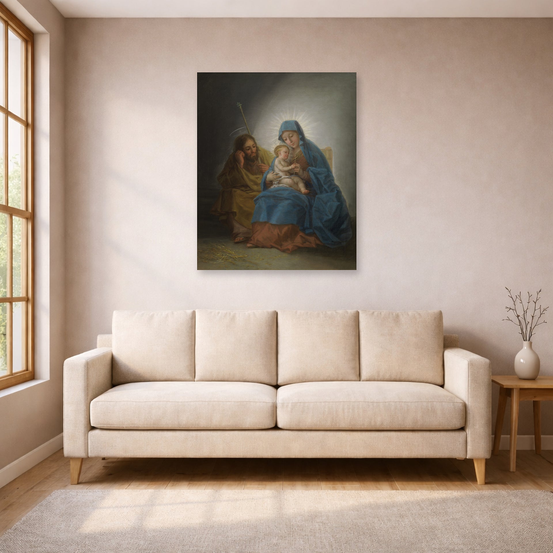 Unframed poster print of Francisco Goya's La Sagrada Familia displayed on a wall in a living room
