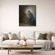 Unframed poster print of Francisco Goya's La Sagrada Familia displayed on a wall in a second living room setting