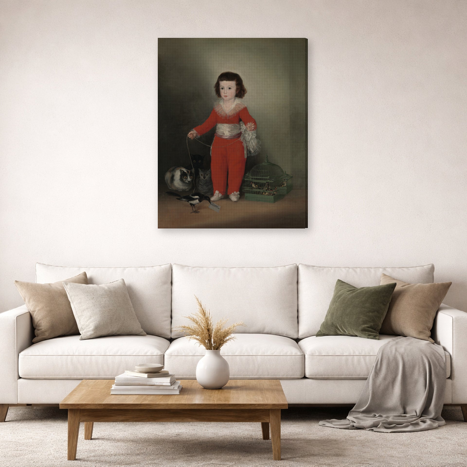 Gallery-wrapped canvas print of Francisco Goya's Manuel Osorio Manrique de Zuniga displayed on a wall in a second living room setting