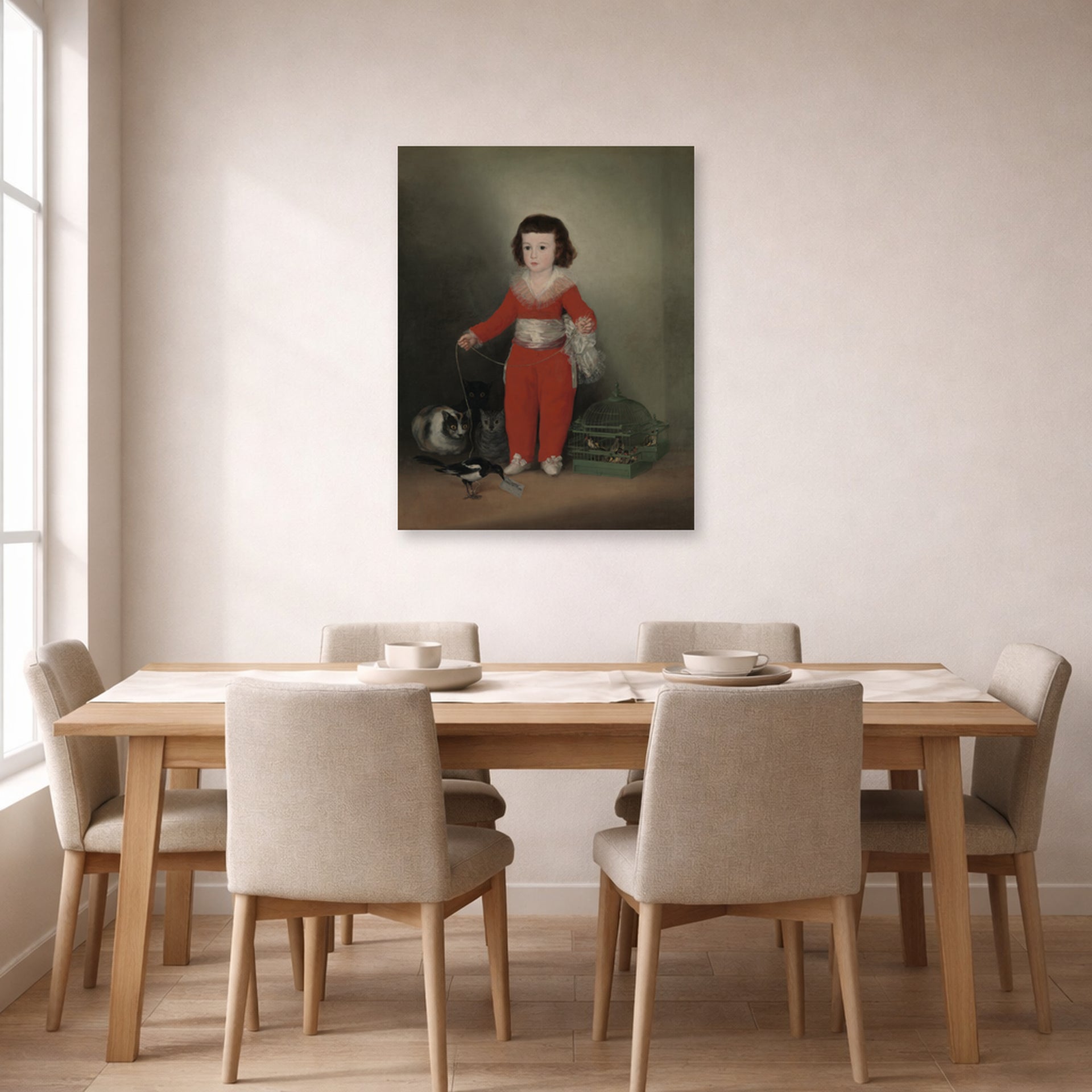 Unframed poster print of Francisco Goya's Manuel Osorio Manrique de Zuniga displayed on a wall in a dining room