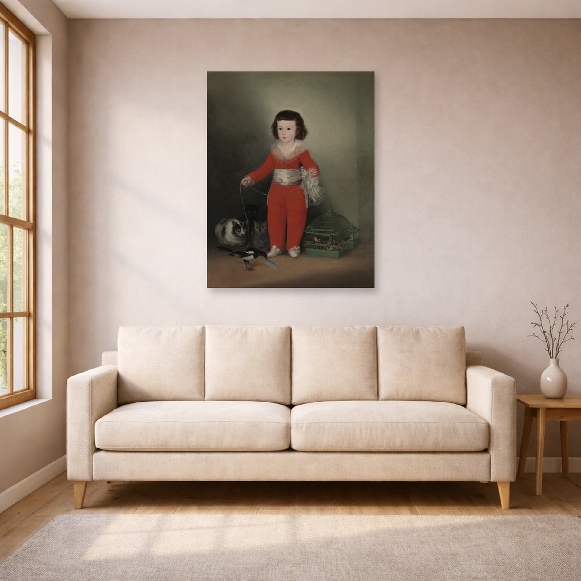 Unframed poster print of Francisco Goya's Manuel Osorio Manrique de Zuniga displayed on a wall in a living room