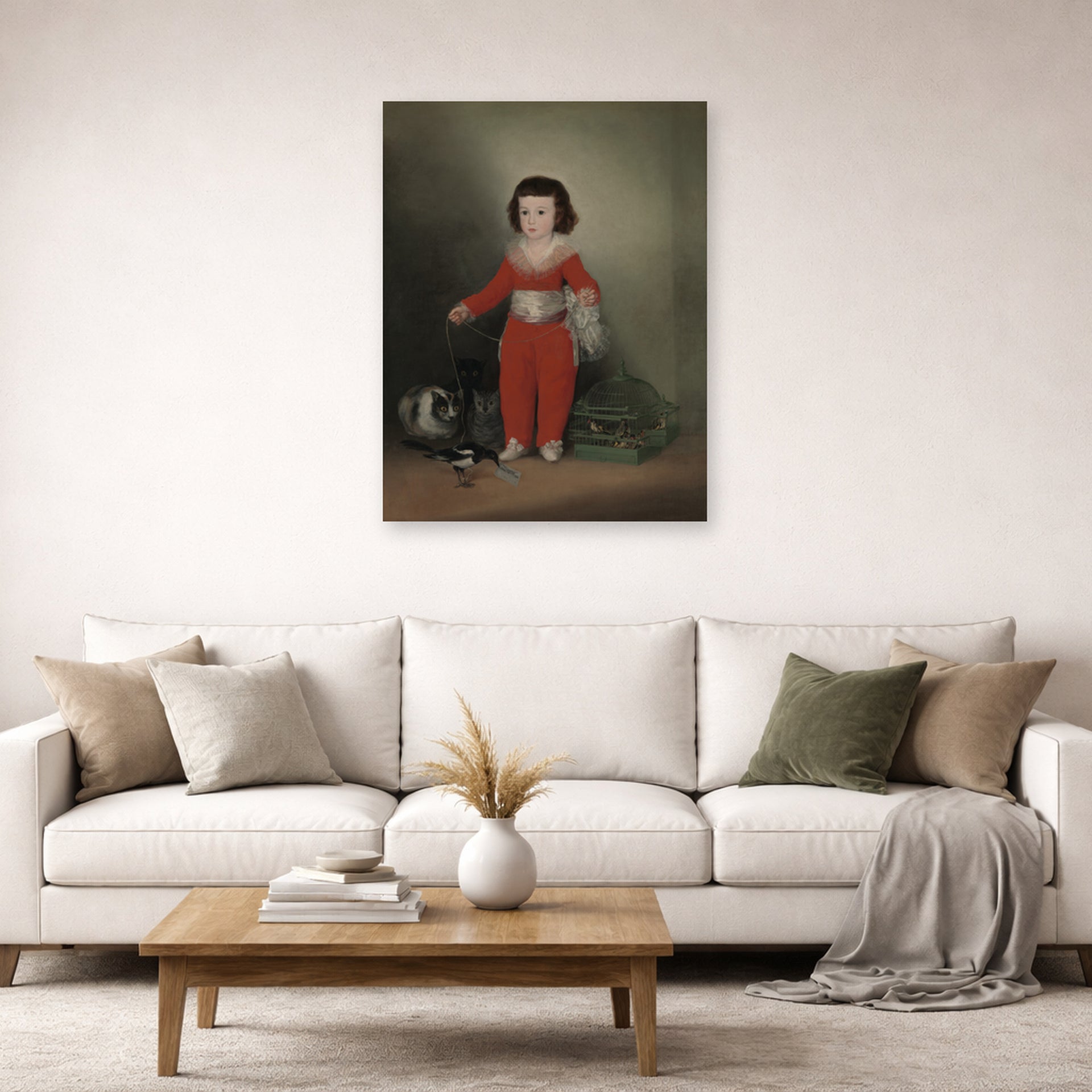 Unframed poster print of Francisco Goya's Manuel Osorio Manrique de Zuniga displayed on a wall in a second living room setting