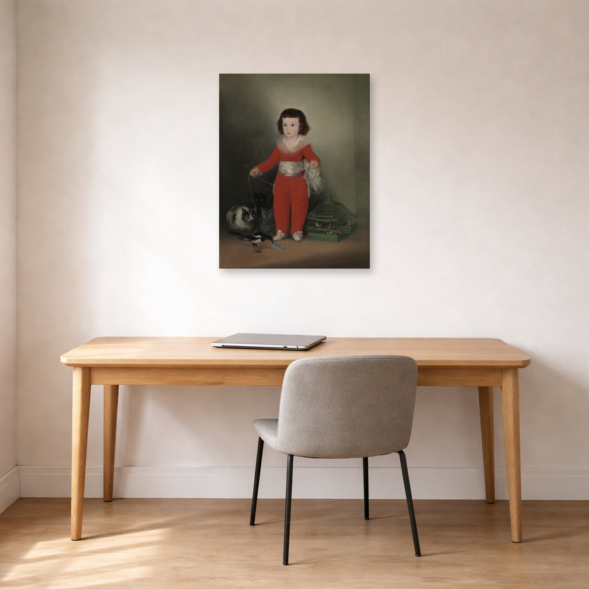 Unframed poster print of Francisco Goya's Manuel Osorio Manrique de Zuniga displayed on a wall in a office
