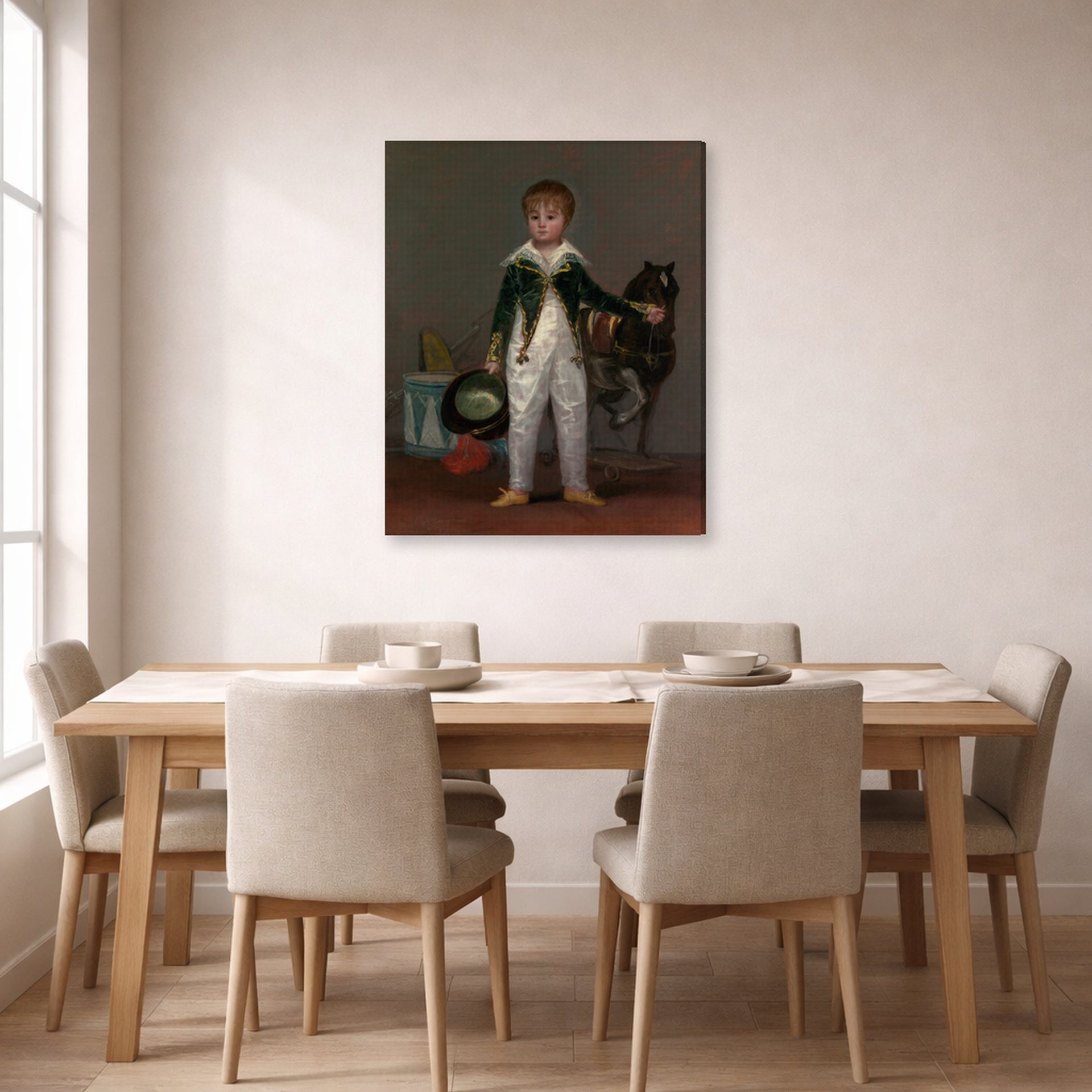 Gallery-wrapped canvas print of Francisco Goya's Pepito displayed on a wall in a dining room