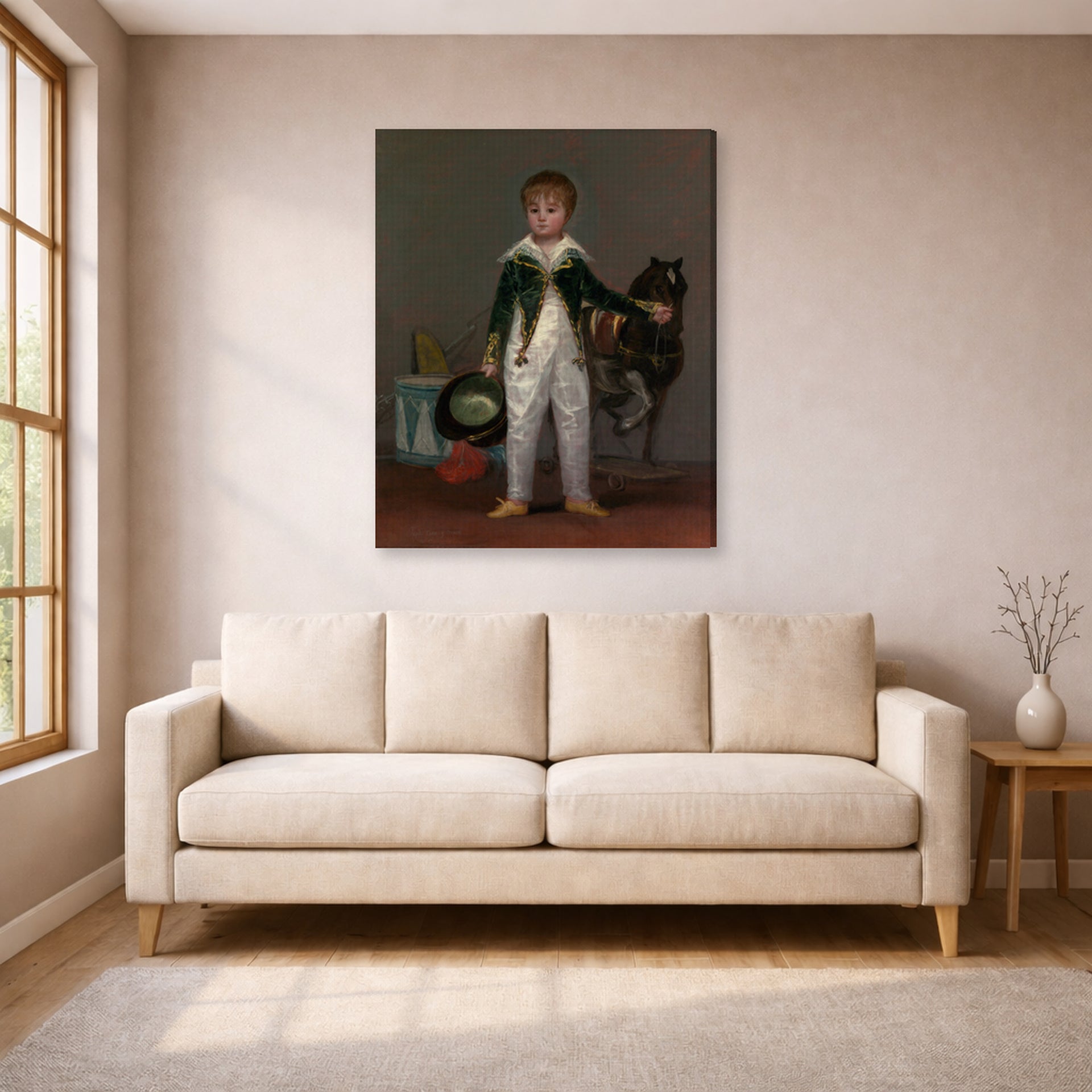 Gallery-wrapped canvas print of Francisco Goya's Pepito displayed on a wall in a living room