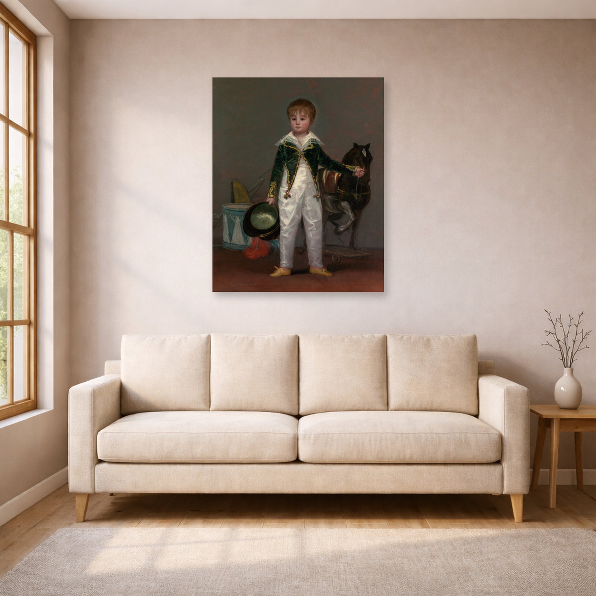 Unframed poster print of Francisco Goya's Pepito displayed on a wall in a living room