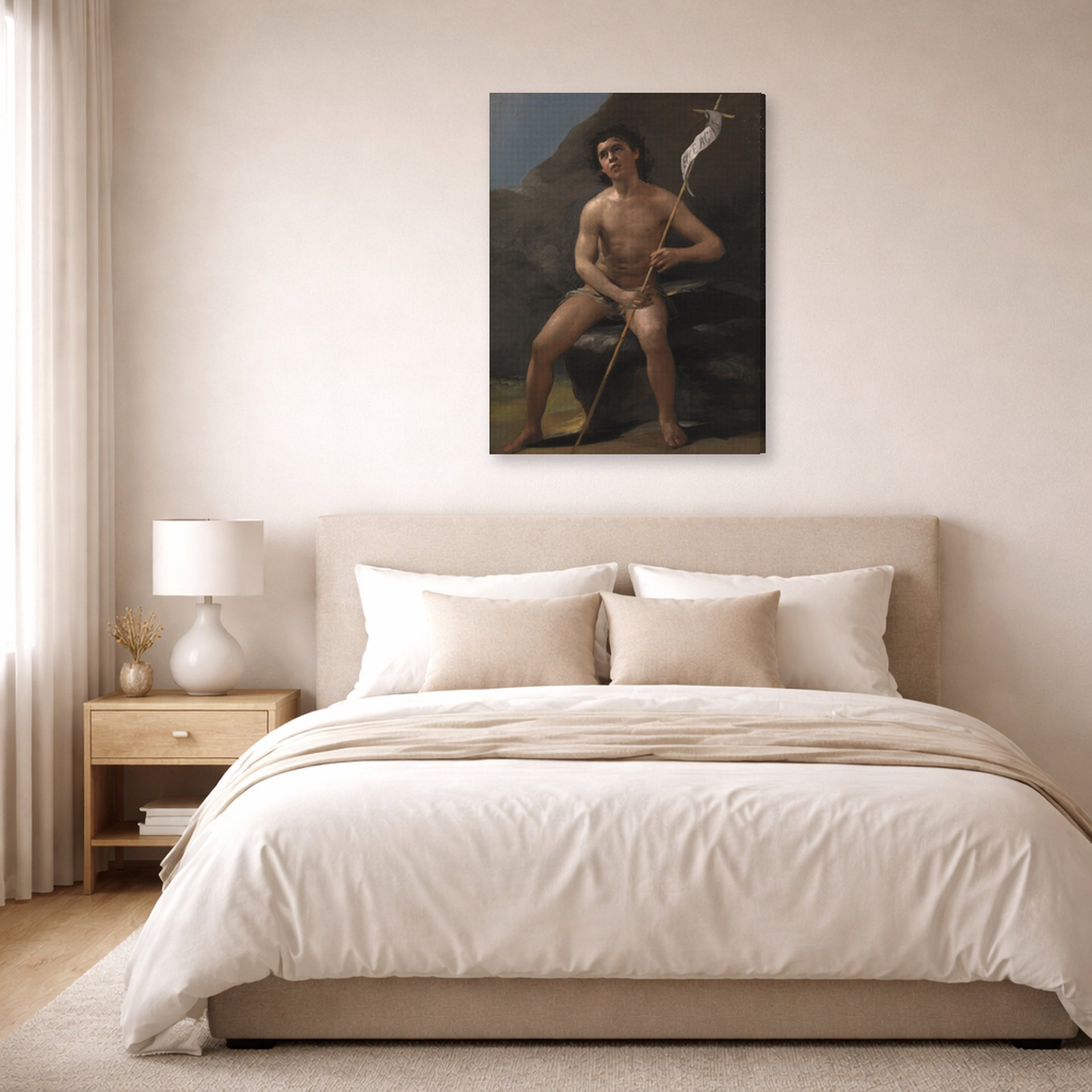 Gallery-wrapped canvas print of Francisco Goya's Saint John the Baptist as a Child in the Desert displayed on a wall in a bedroom