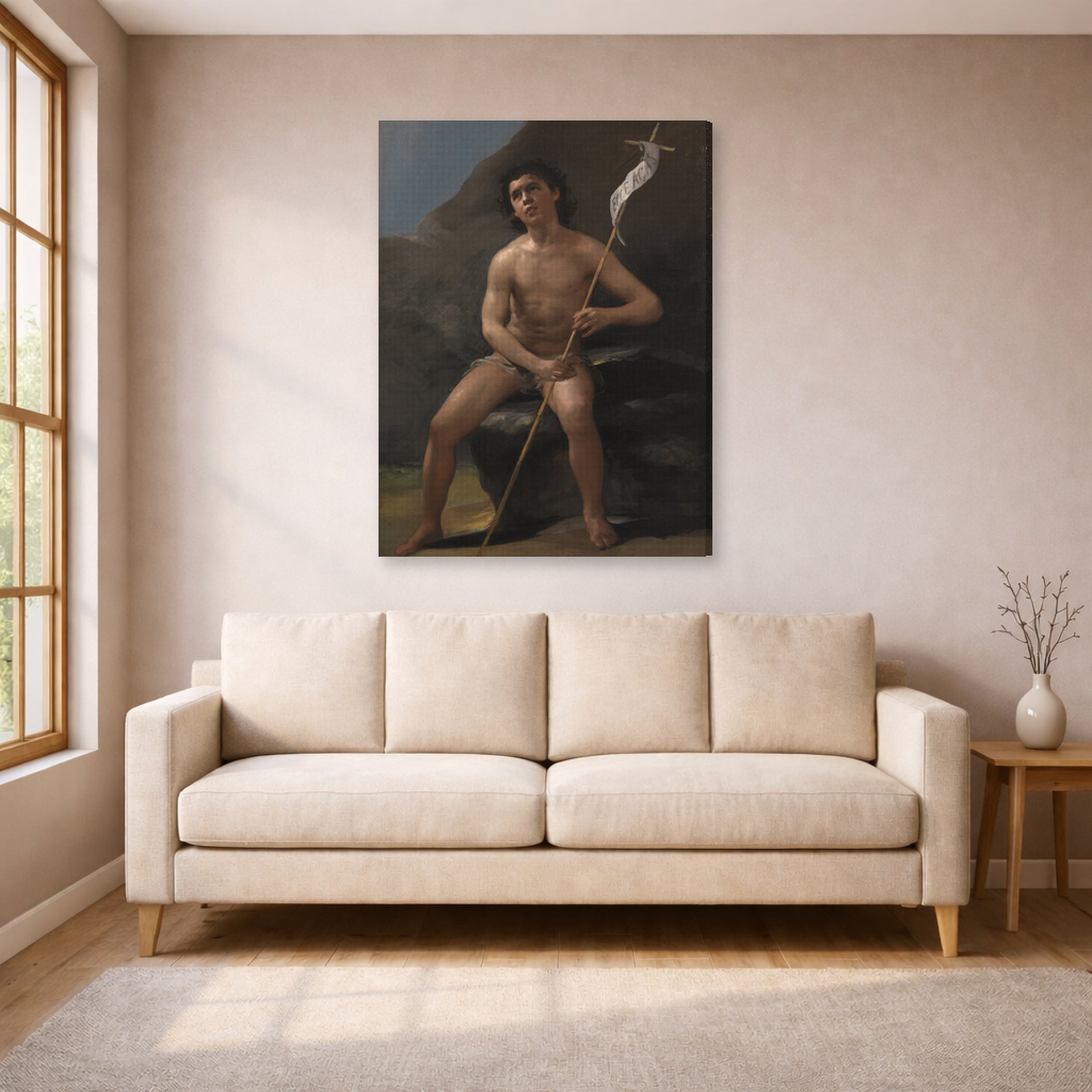Gallery-wrapped canvas print of Francisco Goya's Saint John the Baptist as a Child in the Desert displayed on a wall in a living room