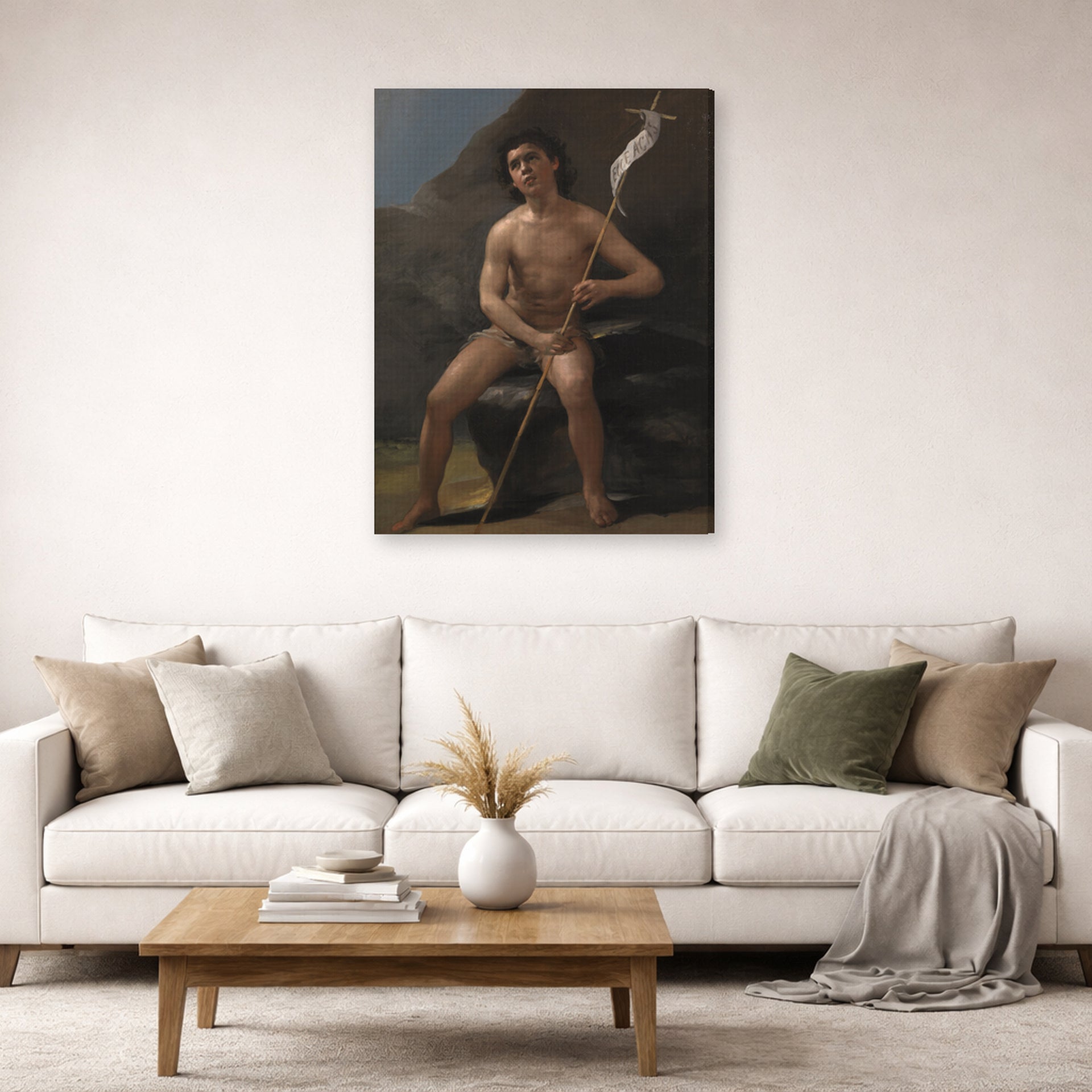 Gallery-wrapped canvas print of Francisco Goya's Saint John the Baptist as a Child in the Desert displayed on a wall in a second living room setting