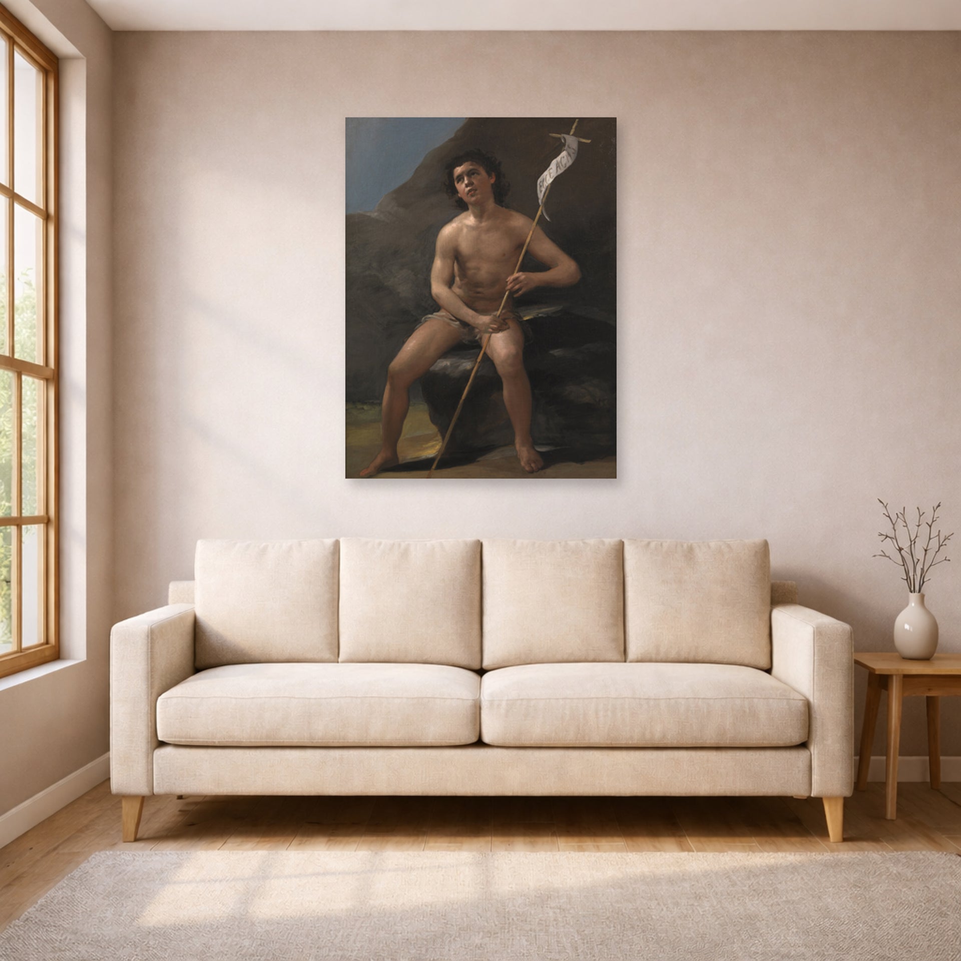 Unframed poster print of Francisco Goya's Saint John the Baptist as a Child in the Desert displayed on a wall in a living room