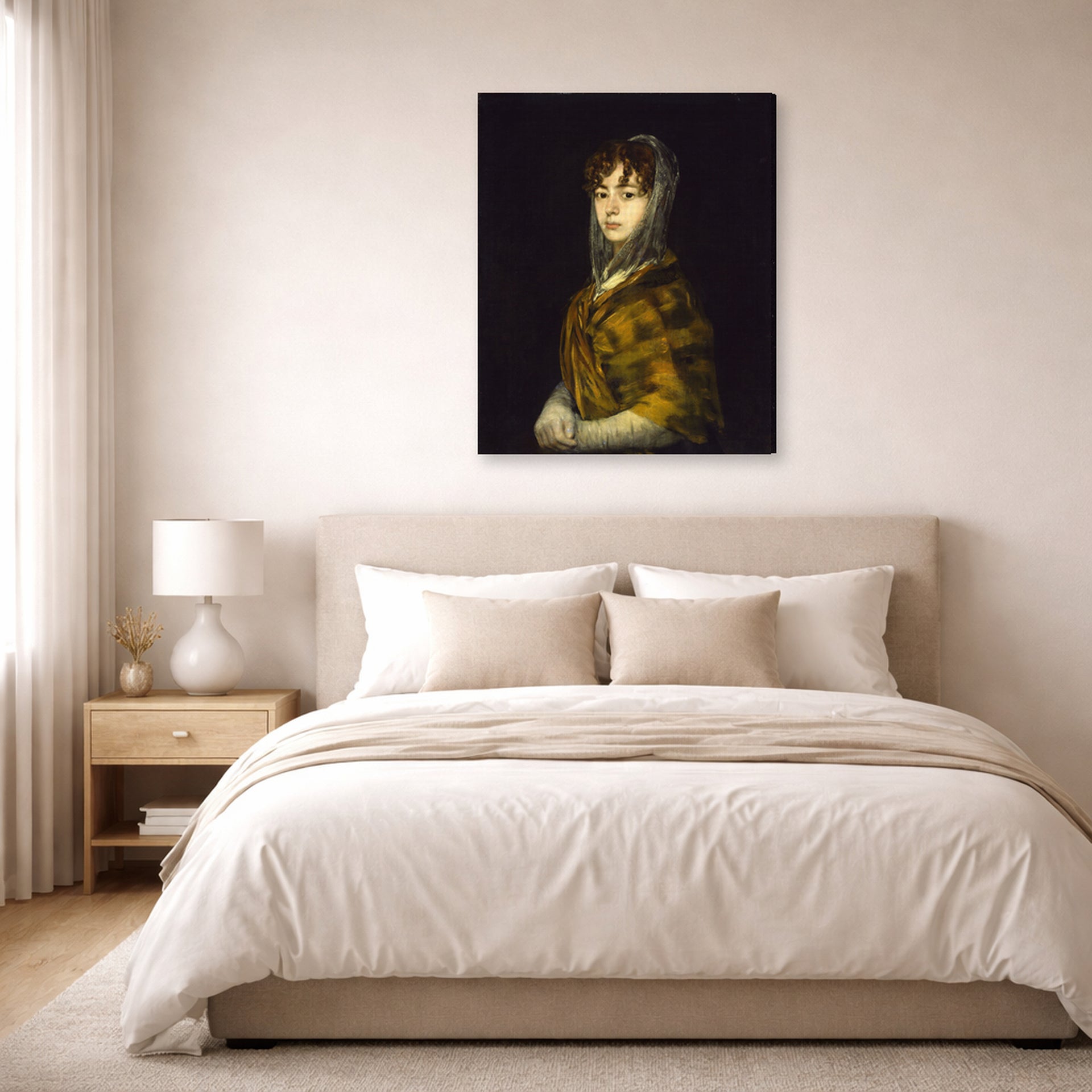 Gallery-wrapped canvas print of Francisco Goya's Senora Sabasa Garcia displayed on a wall in a bedroom