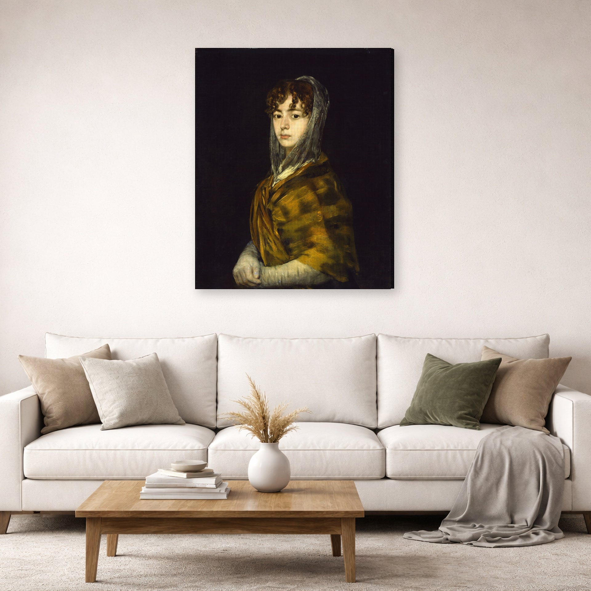 Gallery-wrapped canvas print of Francisco Goya's Senora Sabasa Garcia displayed on a wall in a second living room setting