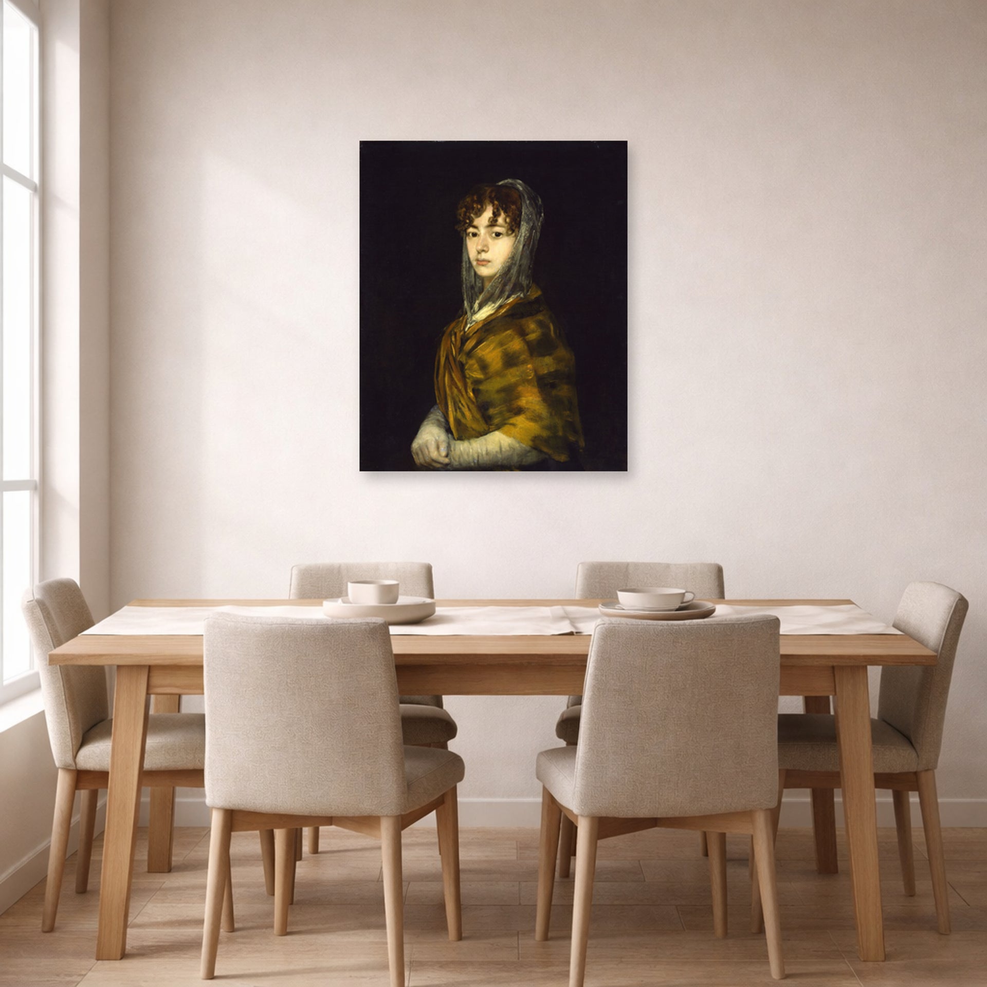 Unframed poster print of Francisco Goya's Senora Sabasa Garcia displayed on a wall in a dining room