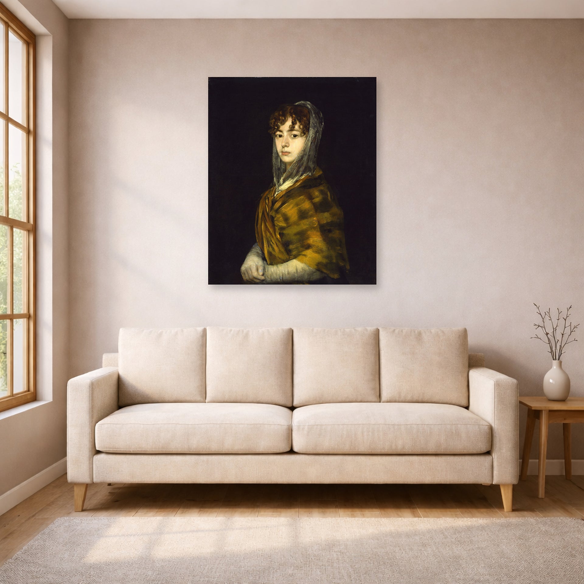 Unframed poster print of Francisco Goya's Senora Sabasa Garcia displayed on a wall in a living room