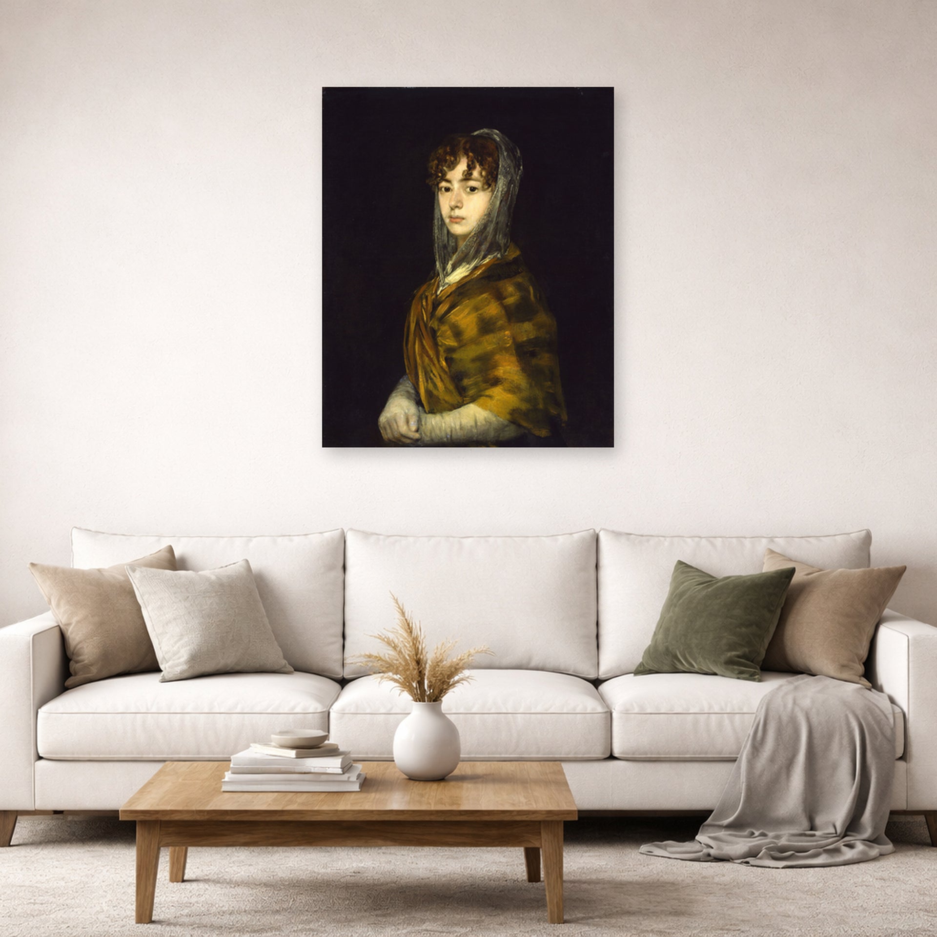 Unframed poster print of Francisco Goya's Senora Sabasa Garcia displayed on a wall in a second living room setting