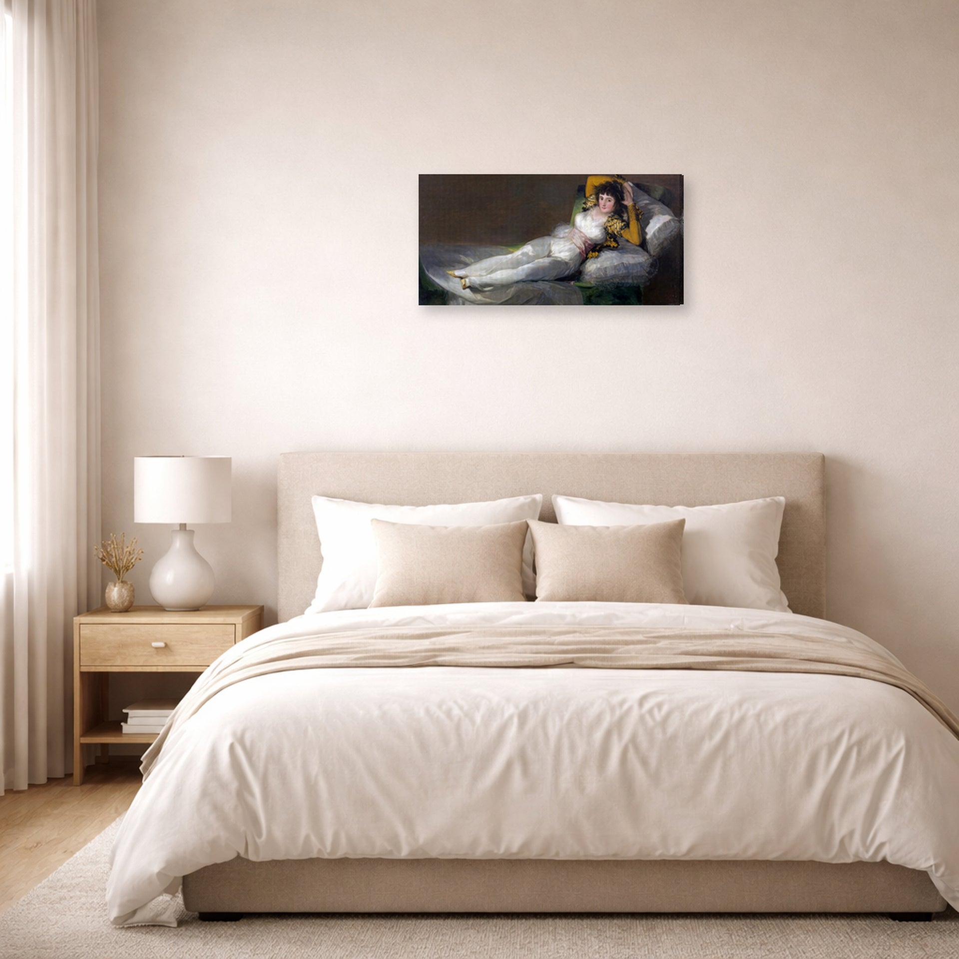 Gallery-wrapped canvas print of Francisco Goya's The Clothed Maja (La maja vestida) displayed on a wall in a bedroom
