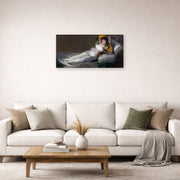 Gallery-wrapped canvas print of Francisco Goya's The Clothed Maja (La maja vestida) displayed on a wall in a second living room setting
