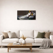 Unframed poster print of Francisco Goya's The Clothed Maja (La maja vestida) displayed on a wall in a second living room setting
