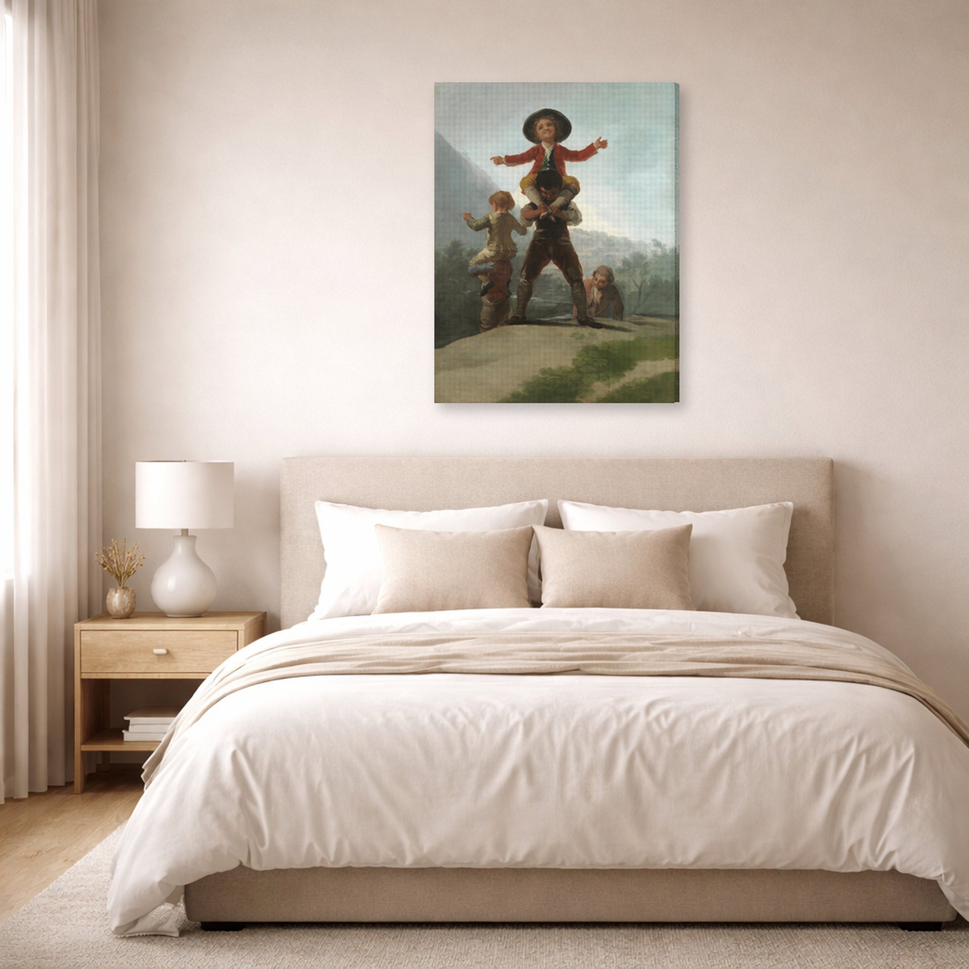 Gallery-wrapped canvas print of Francisco Goya's The Gigantillas displayed on a wall in a bedroom