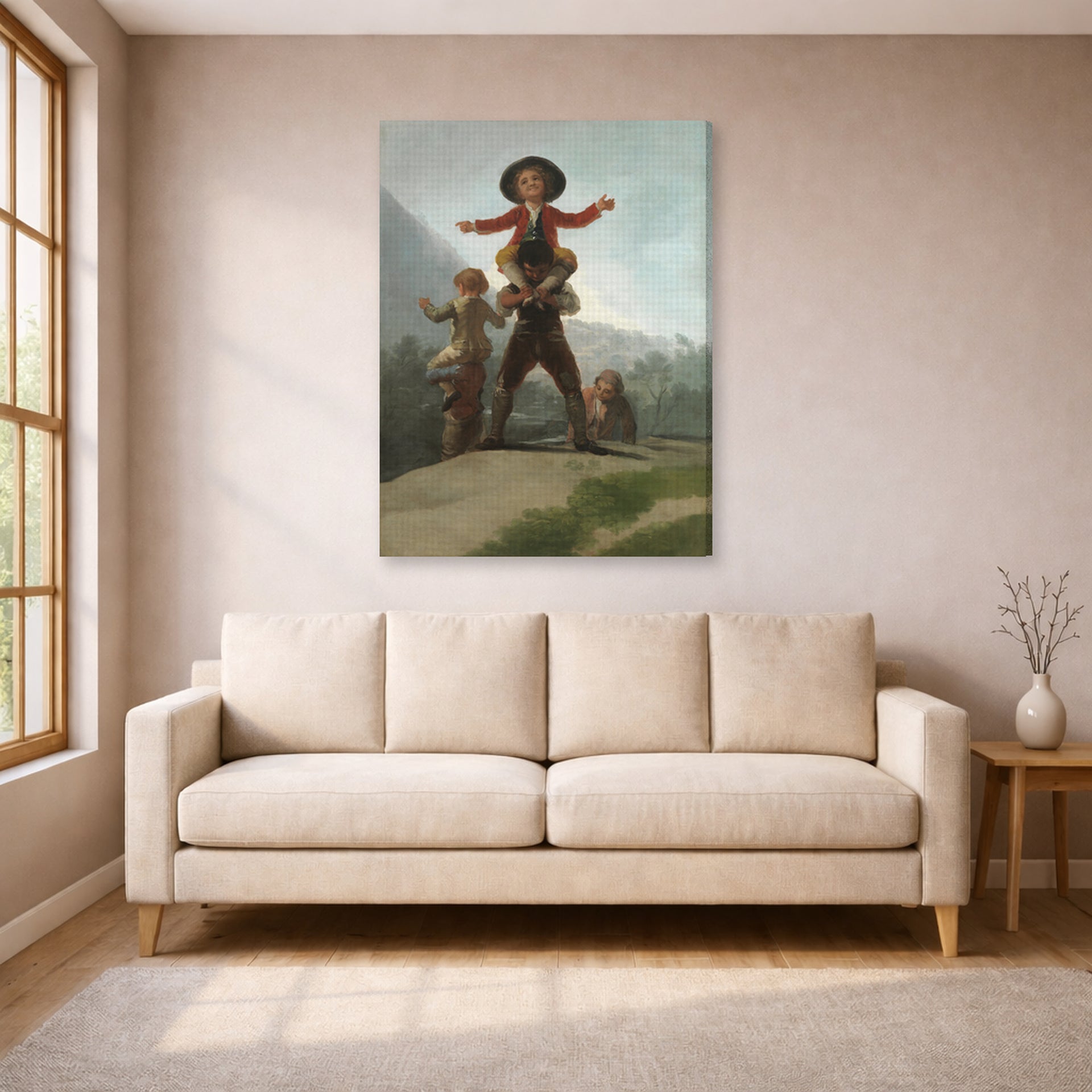 Gallery-wrapped canvas print of Francisco Goya's The Gigantillas displayed on a wall in a living room