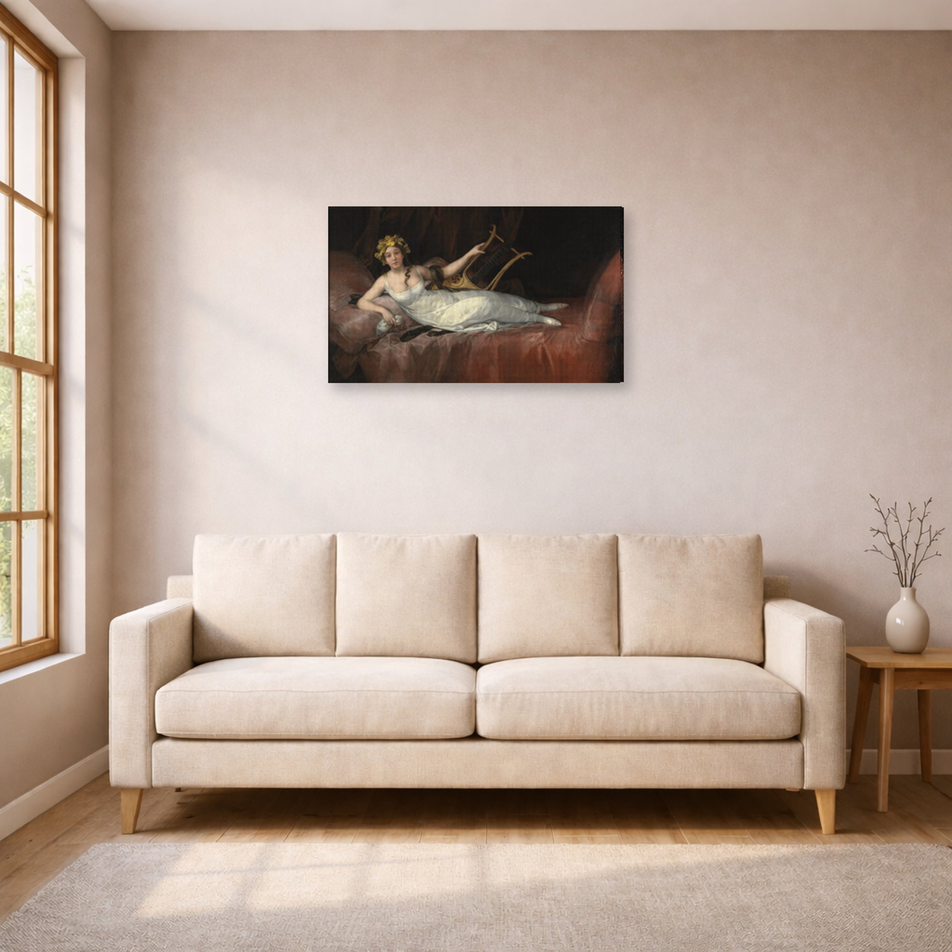 Gallery-wrapped canvas print of Francisco Goya's The Marchioness of Santa Cruz displayed on a wall in a living room