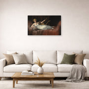 Gallery-wrapped canvas print of Francisco Goya's The Marchioness of Santa Cruz displayed on a wall in a second living room setting