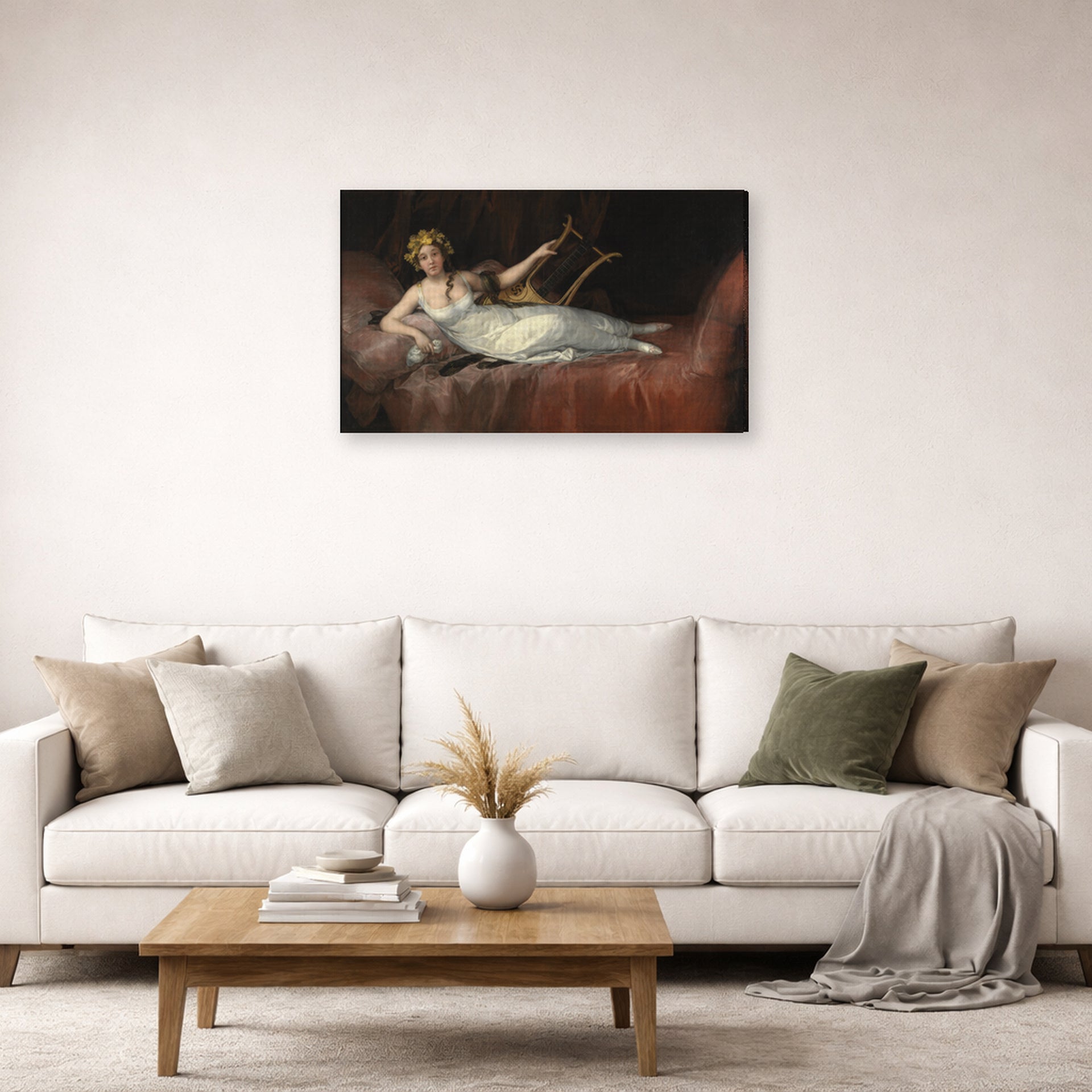 Gallery-wrapped canvas print of Francisco Goya's The Marchioness of Santa Cruz displayed on a wall in a second living room setting