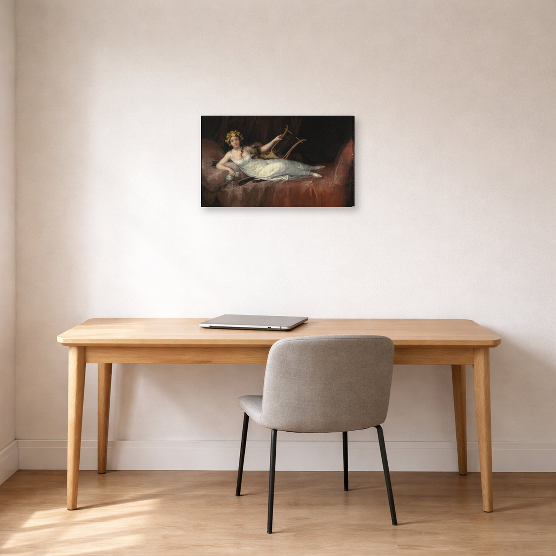Gallery-wrapped canvas print of Francisco Goya's The Marchioness of Santa Cruz displayed on a wall in a office