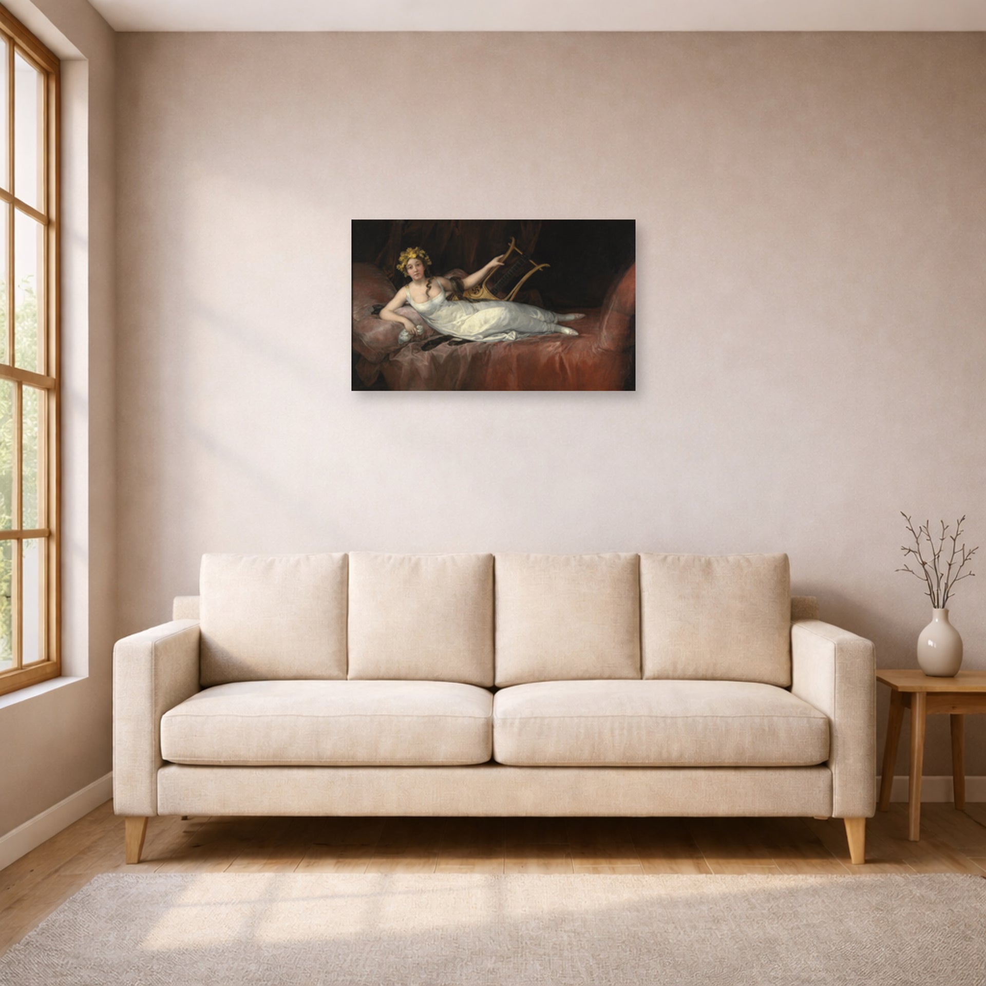 Unframed poster print of Francisco Goya's The Marchioness of Santa Cruz displayed on a wall in a living room