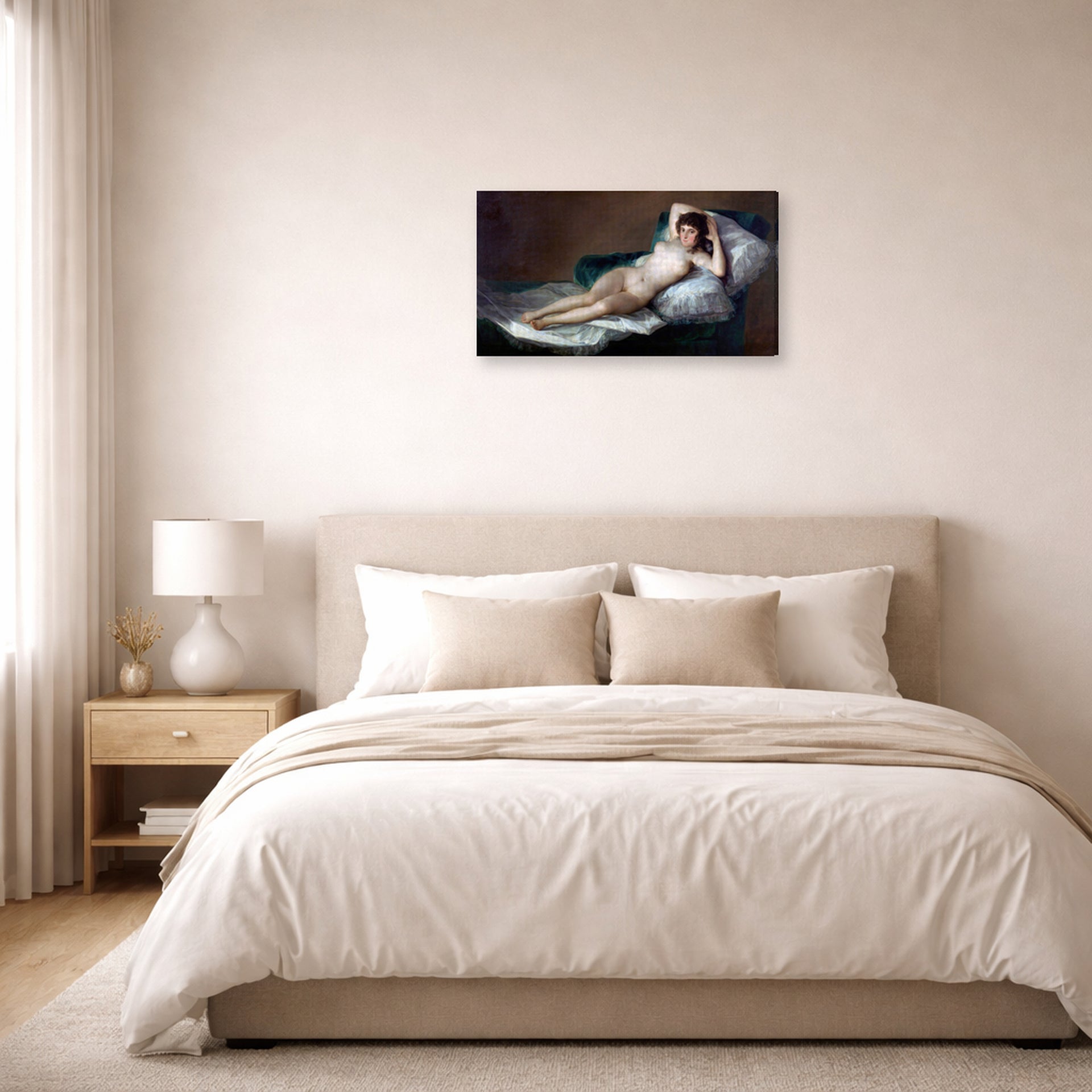 Gallery-wrapped canvas print of Francisco Goya's The Nude Maja (La Maja Desnuda) displayed on a wall in a bedroom