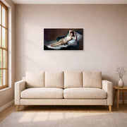 Gallery-wrapped canvas print of Francisco Goya's The Nude Maja (La Maja Desnuda) displayed on a wall in a living room