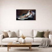 Gallery-wrapped canvas print of Francisco Goya's The Nude Maja (La Maja Desnuda) displayed on a wall in a second living room setting