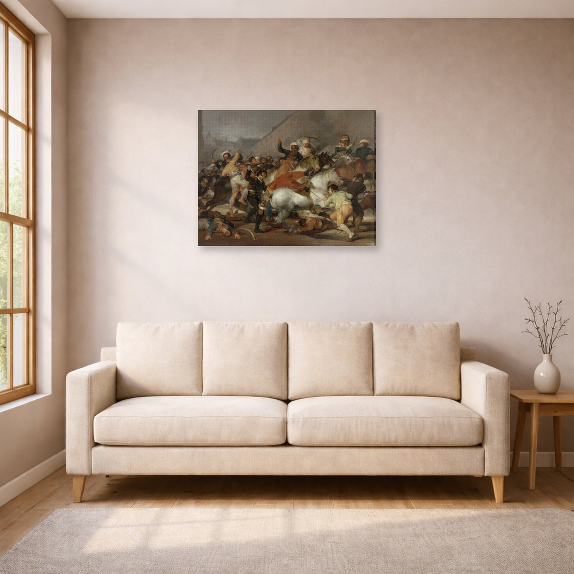 Gallery-wrapped canvas print of Francisco Goya's The Second of May displayed on a wall in a living room