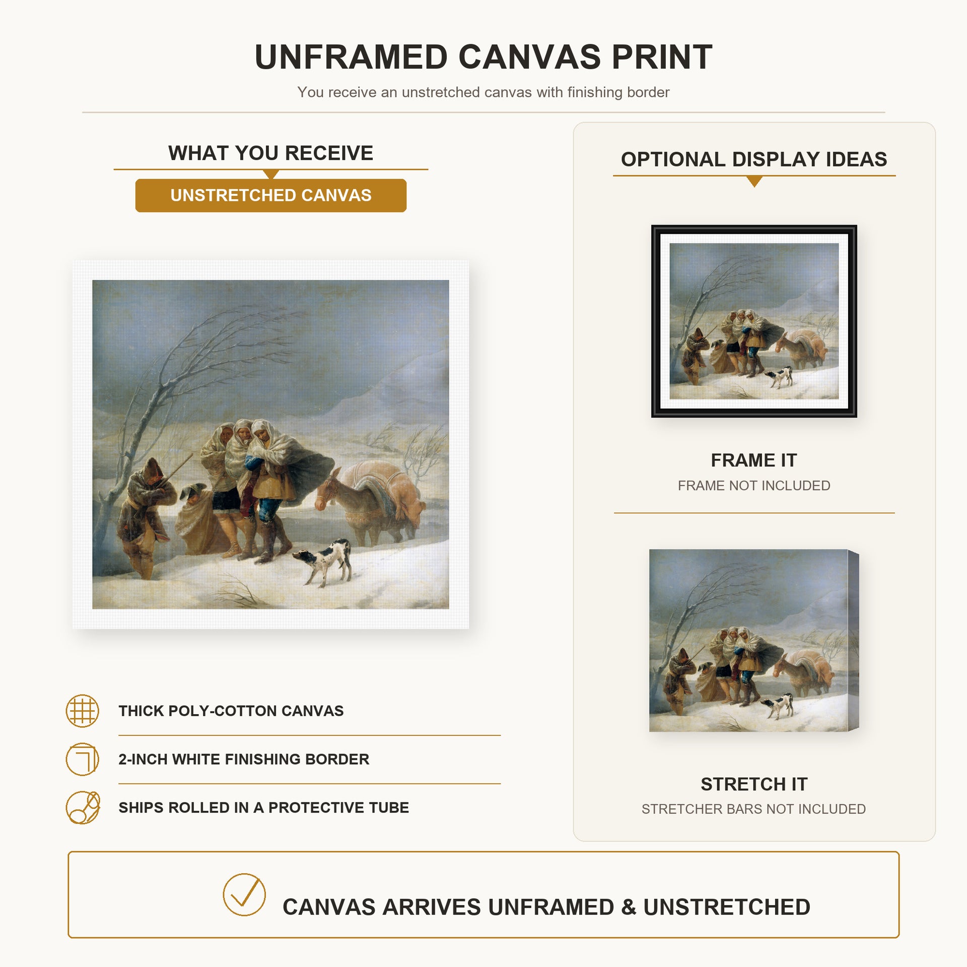 Francisco Goya - The Snowstorm (Winter) canvas print size comparison and framing display infographic