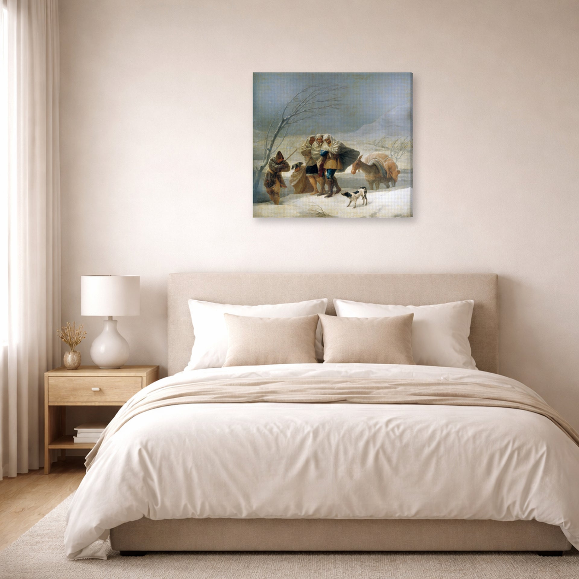Gallery-wrapped canvas print of Francisco Goya's The Snowstorm (Winter) displayed on a wall in a bedroom