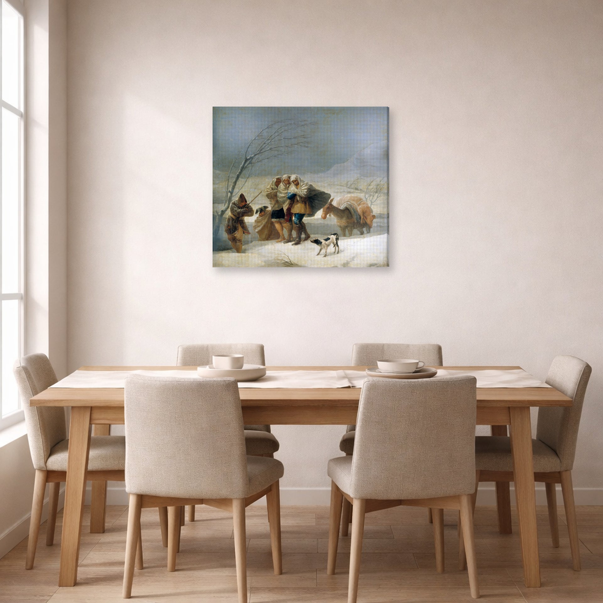 Gallery-wrapped canvas print of Francisco Goya's The Snowstorm (Winter) displayed on a wall in a dining room
